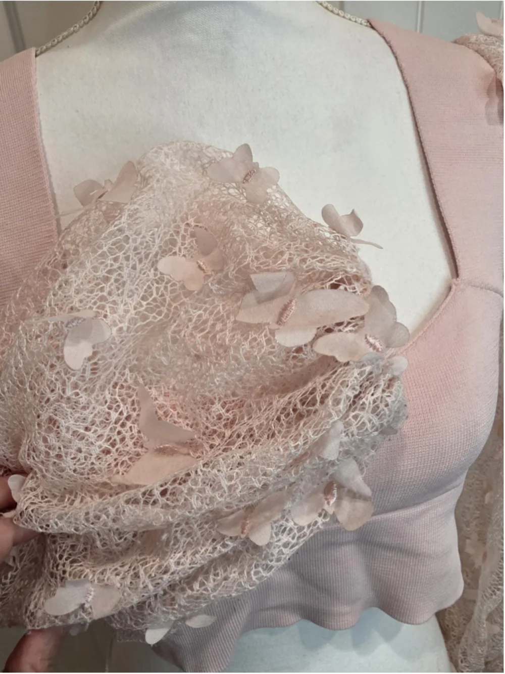 Free People Intimately Baby Pink Butterfly Lace Sleeve Crop Top Sz L Cottagecore